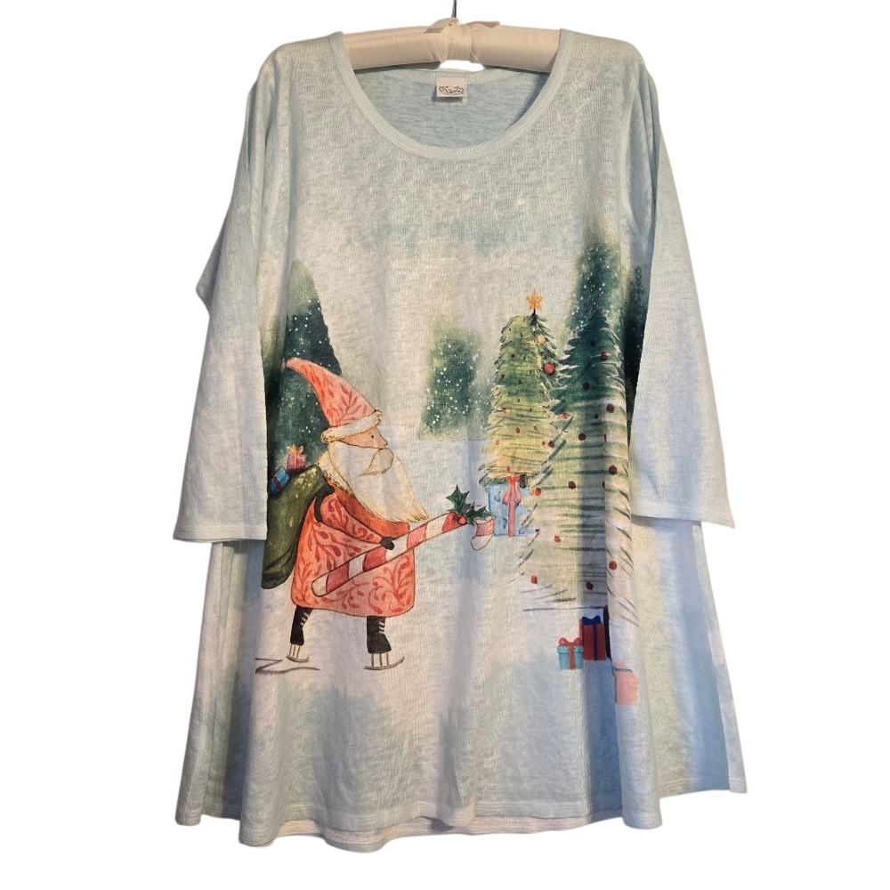 Et Lois Festive Knit 3/4 Sleeve Christmas Santa Watercolor Art to Wear Top
